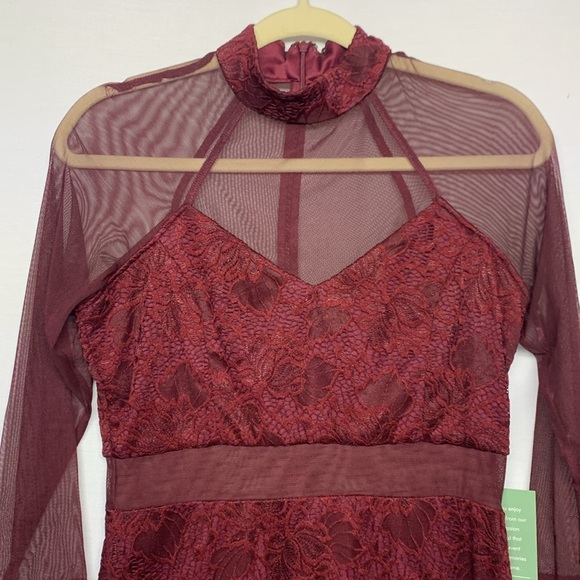 Blu Sage Burgundy Lace Dress with Sheer Details - Picture 3 of 11